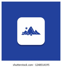 Blue Round Button for mountain, landscape, hill, nature, tree Glyph icon