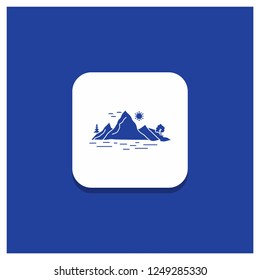 Blue Round Button for Nature, hill, landscape, mountain, tree Glyph icon