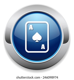Blue round button with peak ace icon and metallic border