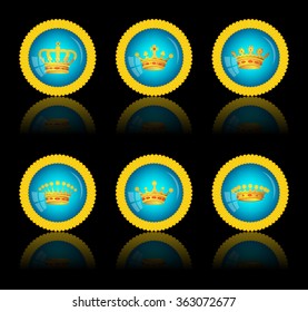 Blue round button with a picture of a crown on black, vector, 10eps.