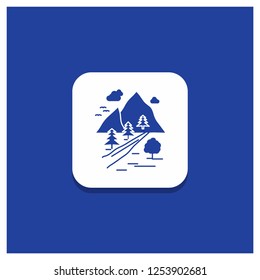 Blue Round Button for rocks, tree, hill, mountain, nature Glyph icon