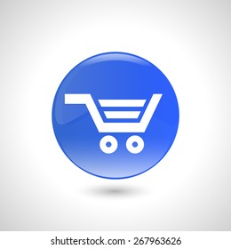 Blue round button with trolley icon for web design