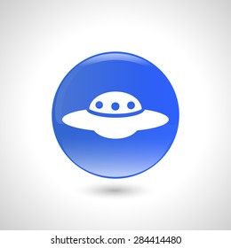 Blue round button with ufo icon for web design