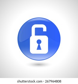 Blue round button with unlock icon for web design
