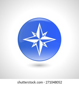 Blue round button with wind rose icon for web design