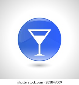 Blue round button with wineglass icon for web design