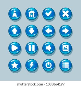 
Blue round buttons with highlights with user icons, menus, play, pause, exit, arrows, sound, options, for the design of interfaces and menus of applications and games.
