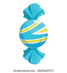 Blue round candy wrapped in blue foil with green stripes is waiting to be unwrapped and enjoyed as a sweet treat