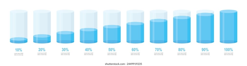 Blue round chart bars template-blue colour, clear 10%-100% infograph layout. Graphic flat design interface illustration elements for app ui ux web banner button vector isolated on white background