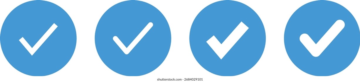 Blue round check mark icons for success, approval, confirmation, verified, correct, done, and accepted tasks. Modern vector ticks for apps, business, and digital projects.