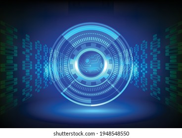 Blue Round Circuit Of Digital Technology ,digital Code Projected To Center Of Circuit Of Engeneering Gear And Surrounding Ring