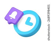 Blue round clock paired with purple speech bubble featuring bell symbol representing time management, alerts, reminders, schedules, punctuality, notification. 3d icon realistic vector illustration