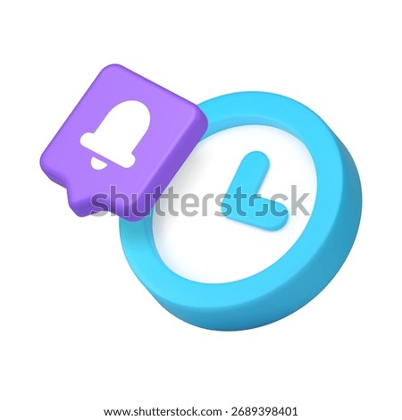 Blue round clock paired with purple speech bubble featuring bell symbol representing time management, alerts, reminders, schedules, punctuality, notification. 3d icon realistic vector illustration