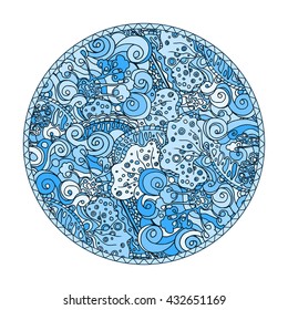 Blue round coloring page design with doodle pattern for adults. Colored illustration
