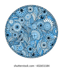 Blue round coloring page design with doodle pattern for adults. Colored illustration. Steampunk technology style