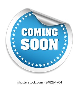 Blue round coming soon sticker on white background