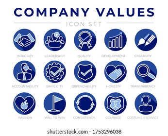 Blue Round Company Core Values Flat Icon Set. Integrity, Leadership, Quality and Development, Creativity, Accountability, Simplicity, Dependability, Honesty, Transparency, Passion Icons.