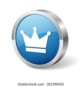 Blue round crone button with metallic border on white background