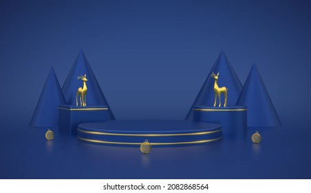 Blue round and cube podium. Christmas Scene and 3D platform with gold deers, balls and pine cone trees on blue background. Blank Pedestal concept. Advertising design. Show and sale template. Vector.