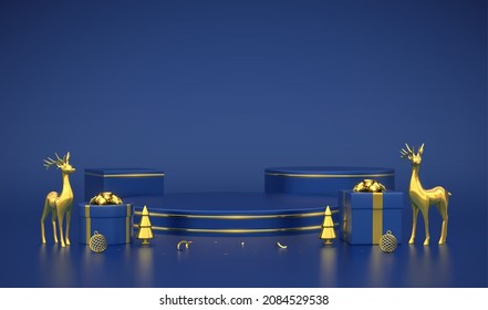 Blue round and cube podium. Christmas Scene and 3D platform with gift boxes, gold deers, balls and metallic pine, spruce trees on blue background. Blank Pedestal concept. Show, sale template. Vector.