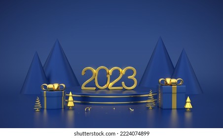 Blue round and cube podium. Christmas Scene and 3D platform with gold deers, balls and pine cone trees on blue background. Blank Pedestal concept. Advertising design. Show and sale template. Vector.