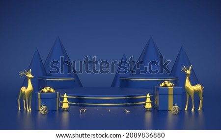 Blue round and cube podium. Christmas Scene and 3D platform with gold deers, balls and pine cone trees on blue background. Blank Pedestal concept. Advertising design. Show and sale template. Vector.