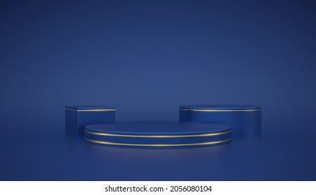 Blue round and cube podium. Scene and 3D platform with gold circle on blue background. Blank Pedestal minimal concept. Advertising, award and win design. Show and sale template. Realistic vector.