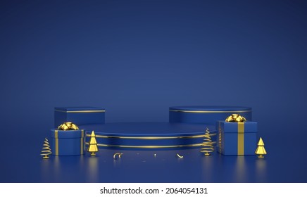 Blue round and cube podium. Scene and 3D platform with gold circle on blue background. Blank Pedestal with gift boxes with golden bow and golden metallic pine, spruce trees. Vector illustration.