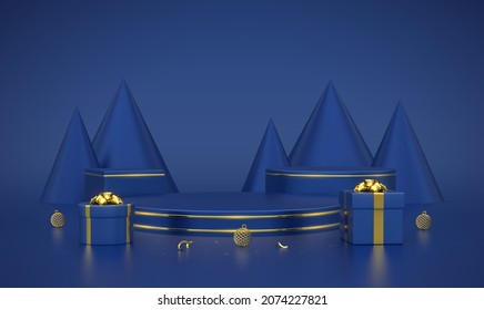 Blue round and cube podium. Scene and 3D platform with gold circle and cone shape pine or spruce trees on blue background. Blank Pedestal with gift boxes with golden bow and balls. Vector illustration