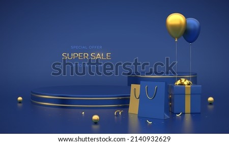 Blue round and cube podium. Scene, 3D platform with gold circle on blue background. Blank advertising pedestal with gift box, shopping bags and festive helium balloons. Vector illustration.