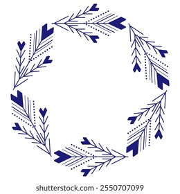 Elemento de design redondo azul de motivo floral. Ornamento étnico norte. Quadro azul sobre fundo branco. Ornamento folclórico vetorial monocromático. Elemento de design inspirado na floresta do norte. Coroa de coníferas