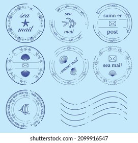 blue round design elements ornated seashells and fishes - vector postage stamps. For letters, postcards, posters