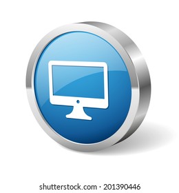 Blue round desktop button with metallic border on white background