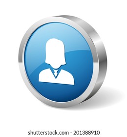 Blue round female button with metallic border on white background