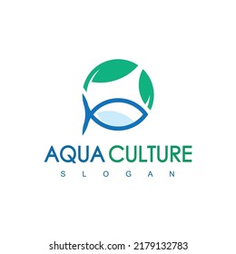 Blue Round Fish And Leaf Logo Aqua Culture Icon Concept Isolated On White Background