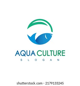 Blue Round Fish And Leaf Logo Aqua Culture Icon Concept Isolated On White Background