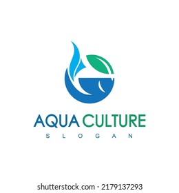 Blue Round Fish And Leaf Logo Aqua Culture Icon Concept Isolated On White Background