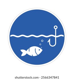 Blue round fishing area sign, illustrating a fish with a hook, water, river, and the activity of fishing, label sign designated fishing zone.