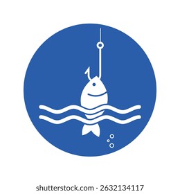 Blue round fishing area sign, illustrating a fish with a hook, water, river, and the activity of fishing, label sign designated fishing zone.