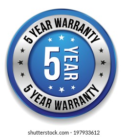 Blue Round Five Year Warranty Badge On White Background