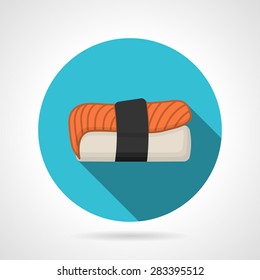 Blue round flat color design vector icon for sushi menu on gray background. Long shadow design