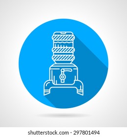 Blue round flat design vector icon with white line water cooler with jug and faucet on gray background. Long shadow design