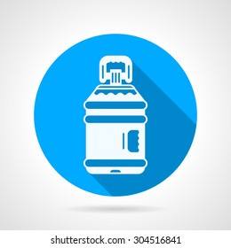 Blue Round Flat Design Vector Icon With White Contour Large Plastic Bottle Of Potable Or Distilled Water On Gray Background. Long Shadow Design