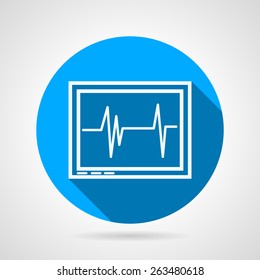 Blue round flat vector icon with white contour cardiogram monitor on gray background. Long shadow design
