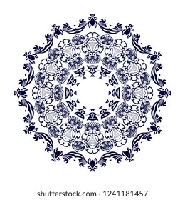 Blue round floral ornament on white background. Vector illustration