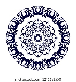 Blue round floral ornament on white background. Vector illustration