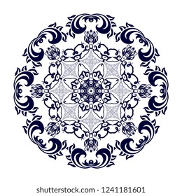 Blue round floral ornament on white background. Vector illustration