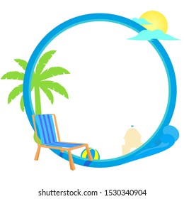 Blue round frame with beach chair, coconut tree, beach ball, sun, and sea wave. vector illustration