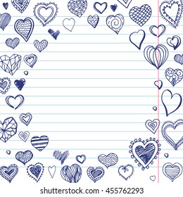 Blue round frame with different hearts. Hand drawn doodles on a lined paper.
