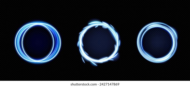 Blue round frames set isolated on transparent background. Vector realistic illustration of circular neon borders glowing with haze and shimmering particles, magic power effect, space portal design